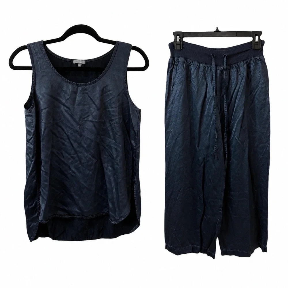 PJ Harlow Jackie Cropped Pajama Pants Set Silk Blend Navy Blue Womens XS Lounge